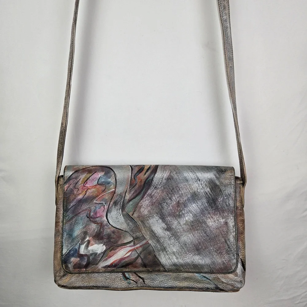 Jane Yoo Painted Leather Crossbody Bag Abstract Metallic Vintage Art to wear